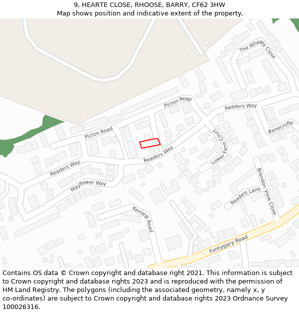 9, HEARTE CLOSE, RHOOSE, BARRY, CF62 3HW: Location map and indicative extent of plot