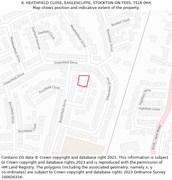 9, HEATHFIELD CLOSE, EAGLESCLIFFE, STOCKTON-ON-TEES, TS16 0HA: Location map and indicative extent of plot