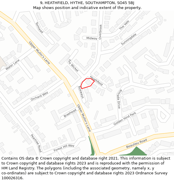 9, HEATHFIELD, HYTHE, SOUTHAMPTON, SO45 5BJ: Location map and indicative extent of plot