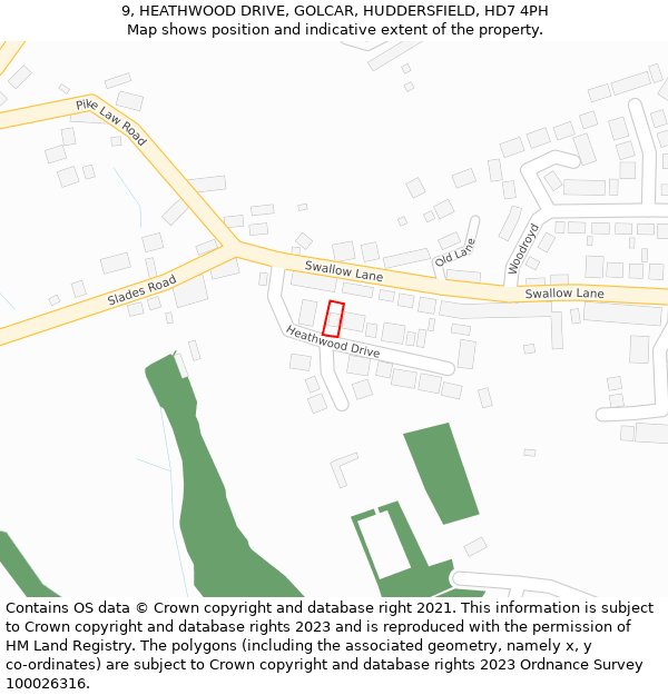 9, HEATHWOOD DRIVE, GOLCAR, HUDDERSFIELD, HD7 4PH: Location map and indicative extent of plot