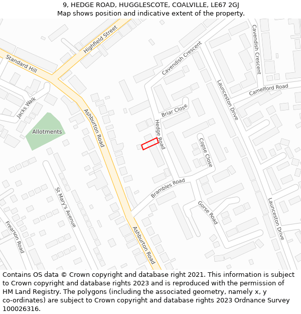 9, HEDGE ROAD, HUGGLESCOTE, COALVILLE, LE67 2GJ: Location map and indicative extent of plot