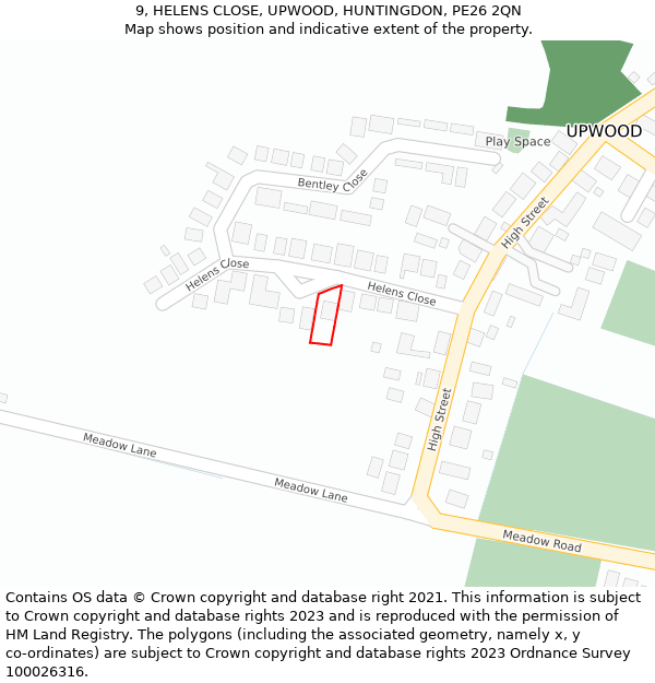 9, HELENS CLOSE, UPWOOD, HUNTINGDON, PE26 2QN: Location map and indicative extent of plot