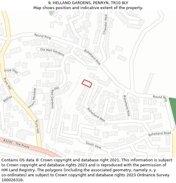 9, HELLAND GARDENS, PENRYN, TR10 8LY: Location map and indicative extent of plot