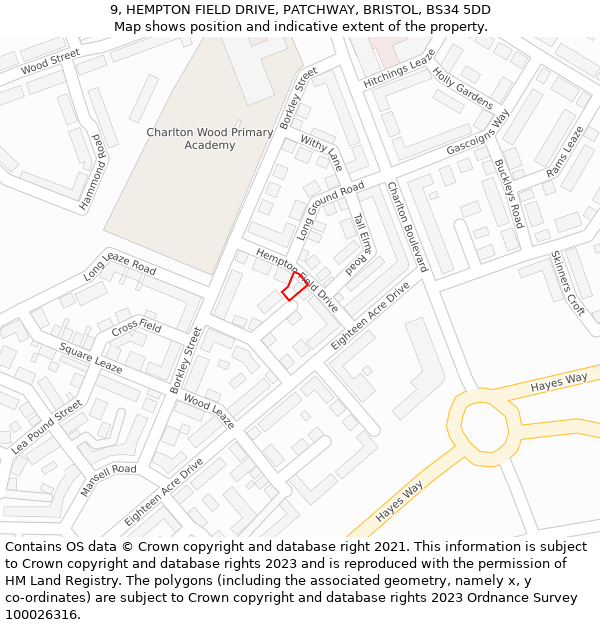 9, HEMPTON FIELD DRIVE, PATCHWAY, BRISTOL, BS34 5DD: Location map and indicative extent of plot