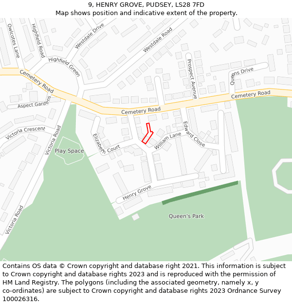 9, HENRY GROVE, PUDSEY, LS28 7FD: Location map and indicative extent of plot