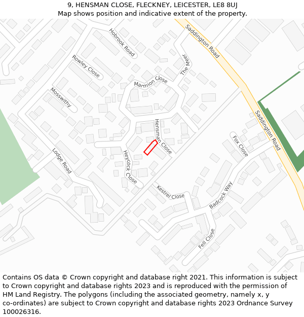 9, HENSMAN CLOSE, FLECKNEY, LEICESTER, LE8 8UJ: Location map and indicative extent of plot