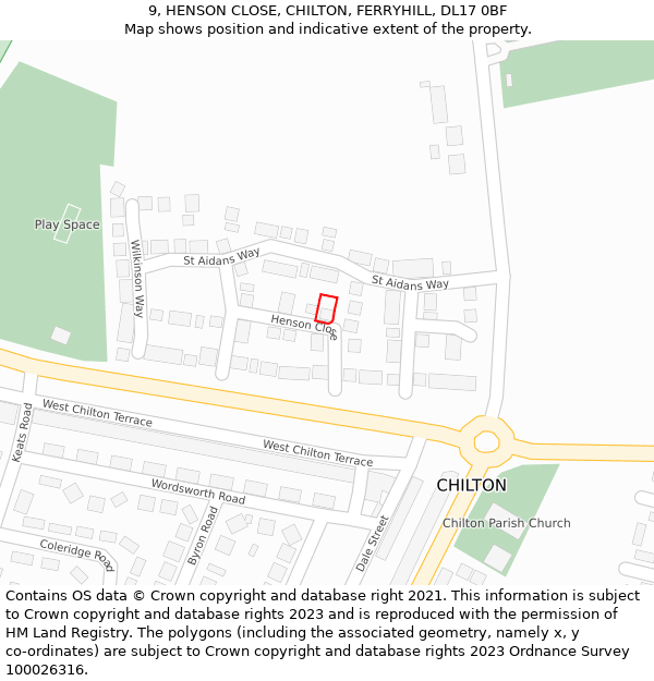 9, HENSON CLOSE, CHILTON, FERRYHILL, DL17 0BF: Location map and indicative extent of plot