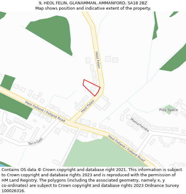 9, HEOL FELIN, GLANAMMAN, AMMANFORD, SA18 2BZ: Location map and indicative extent of plot