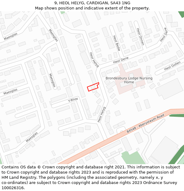 9, HEOL HELYG, CARDIGAN, SA43 1NG: Location map and indicative extent of plot