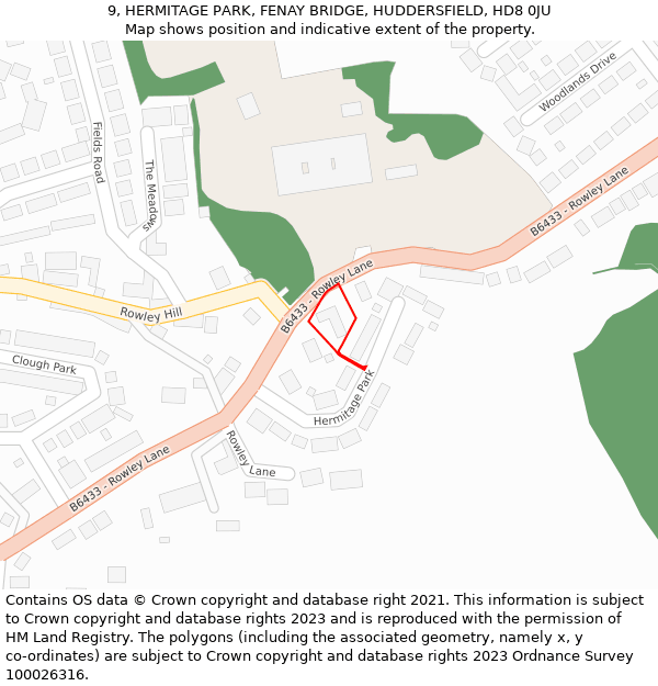 9, HERMITAGE PARK, FENAY BRIDGE, HUDDERSFIELD, HD8 0JU: Location map and indicative extent of plot