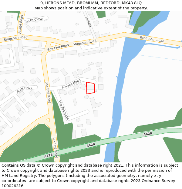 9, HERONS MEAD, BROMHAM, BEDFORD, MK43 8LQ: Location map and indicative extent of plot