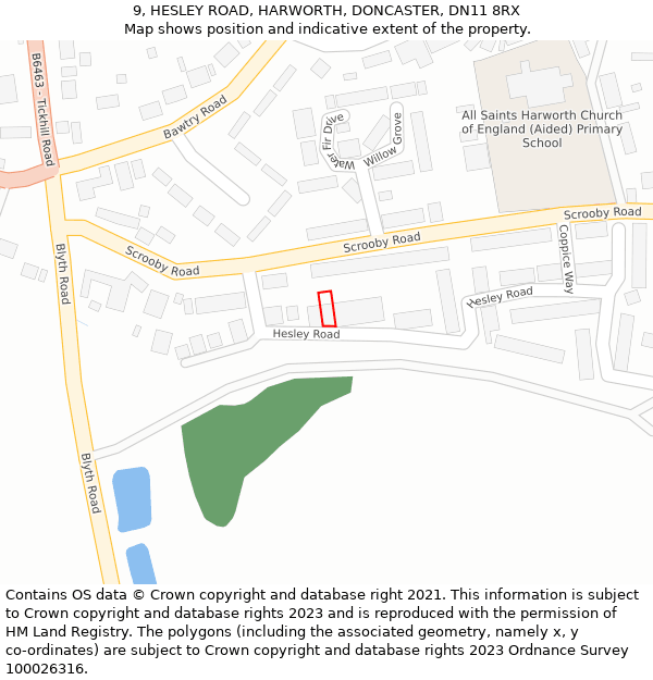 9, HESLEY ROAD, HARWORTH, DONCASTER, DN11 8RX: Location map and indicative extent of plot