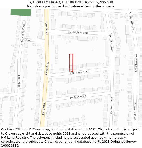 9, HIGH ELMS ROAD, HULLBRIDGE, HOCKLEY, SS5 6HB: Location map and indicative extent of plot