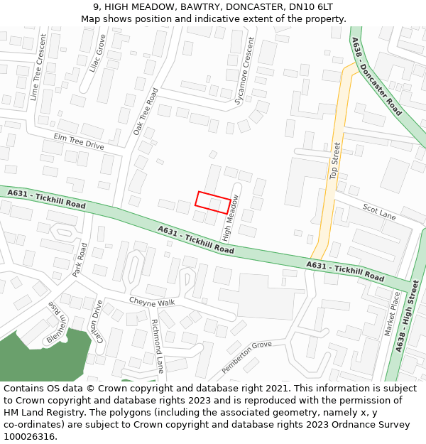 9, HIGH MEADOW, BAWTRY, DONCASTER, DN10 6LT: Location map and indicative extent of plot