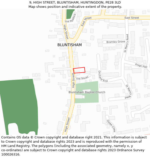 9, HIGH STREET, BLUNTISHAM, HUNTINGDON, PE28 3LD: Location map and indicative extent of plot