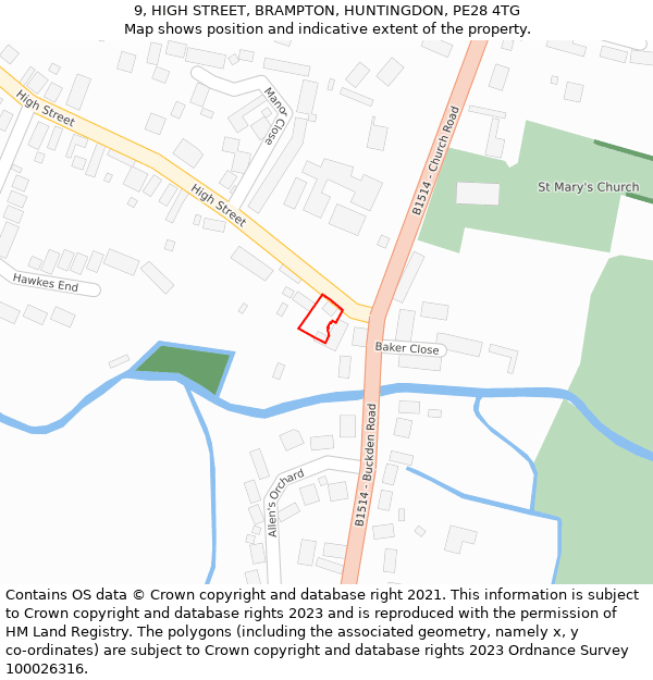 9, HIGH STREET, BRAMPTON, HUNTINGDON, PE28 4TG: Location map and indicative extent of plot