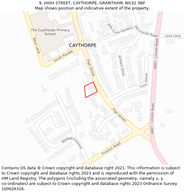 9, HIGH STREET, CAYTHORPE, GRANTHAM, NG32 3BP: Location map and indicative extent of plot
