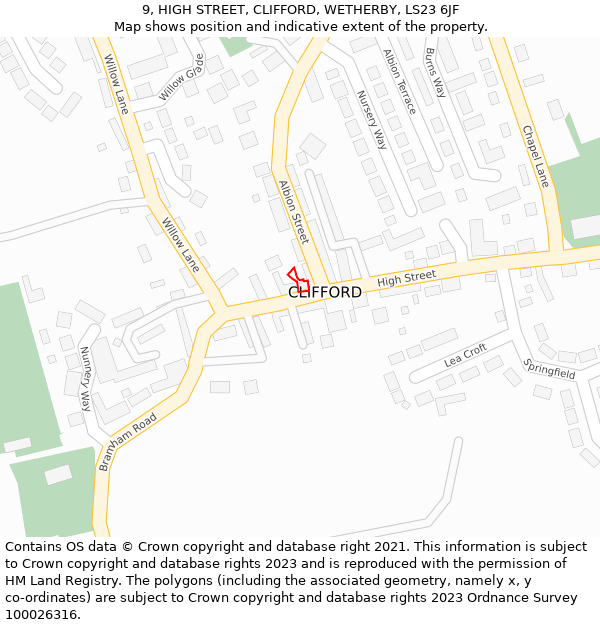 9, HIGH STREET, CLIFFORD, WETHERBY, LS23 6JF: Location map and indicative extent of plot