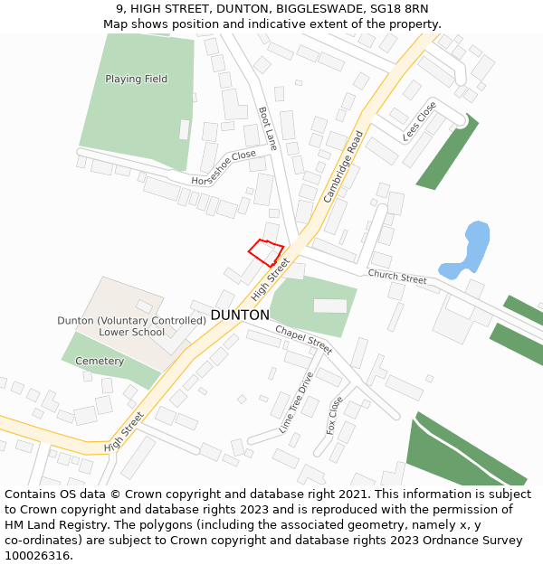 9, HIGH STREET, DUNTON, BIGGLESWADE, SG18 8RN: Location map and indicative extent of plot