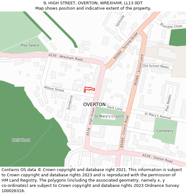 9, HIGH STREET, OVERTON, WREXHAM, LL13 0DT: Location map and indicative extent of plot