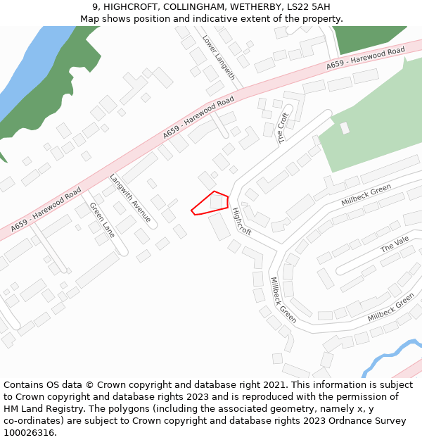 9, HIGHCROFT, COLLINGHAM, WETHERBY, LS22 5AH: Location map and indicative extent of plot