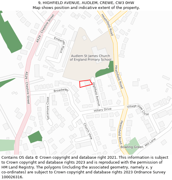 9, HIGHFIELD AVENUE, AUDLEM, CREWE, CW3 0HW: Location map and indicative extent of plot