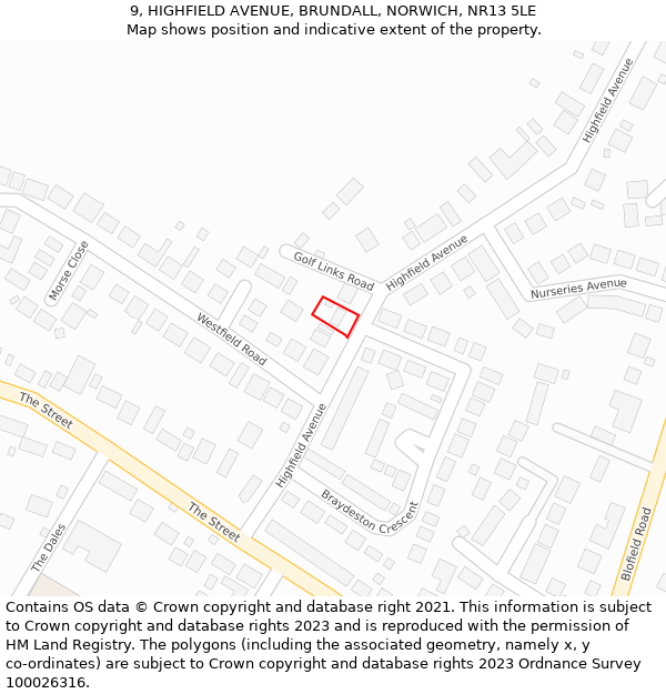 9, HIGHFIELD AVENUE, BRUNDALL, NORWICH, NR13 5LE: Location map and indicative extent of plot