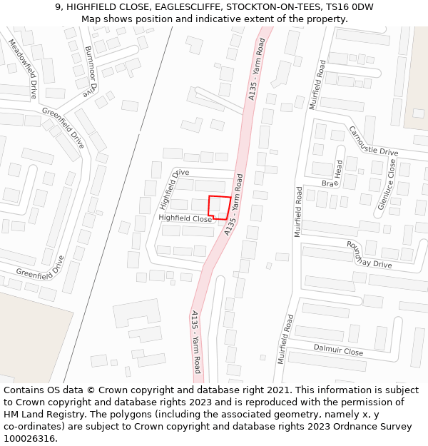 9, HIGHFIELD CLOSE, EAGLESCLIFFE, STOCKTON-ON-TEES, TS16 0DW: Location map and indicative extent of plot