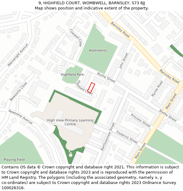 9, HIGHFIELD COURT, WOMBWELL, BARNSLEY, S73 8JJ: Location map and indicative extent of plot