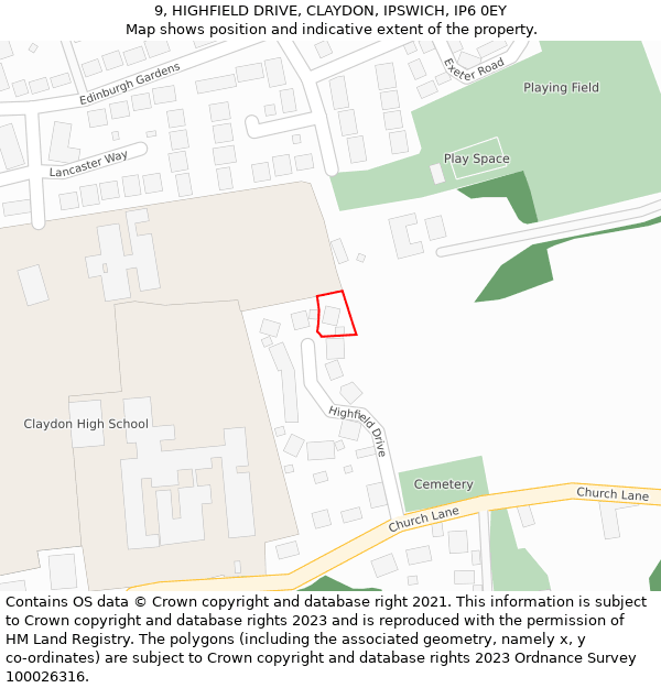 9, HIGHFIELD DRIVE, CLAYDON, IPSWICH, IP6 0EY: Location map and indicative extent of plot