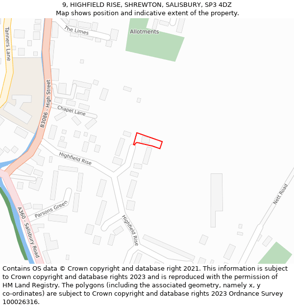 9, HIGHFIELD RISE, SHREWTON, SALISBURY, SP3 4DZ: Location map and indicative extent of plot