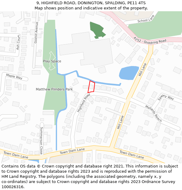 9, HIGHFIELD ROAD, DONINGTON, SPALDING, PE11 4TS: Location map and indicative extent of plot