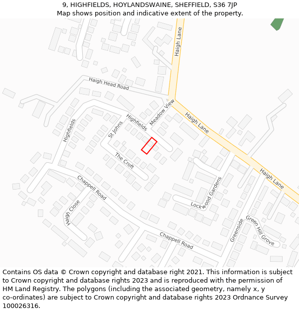 9, HIGHFIELDS, HOYLANDSWAINE, SHEFFIELD, S36 7JP: Location map and indicative extent of plot