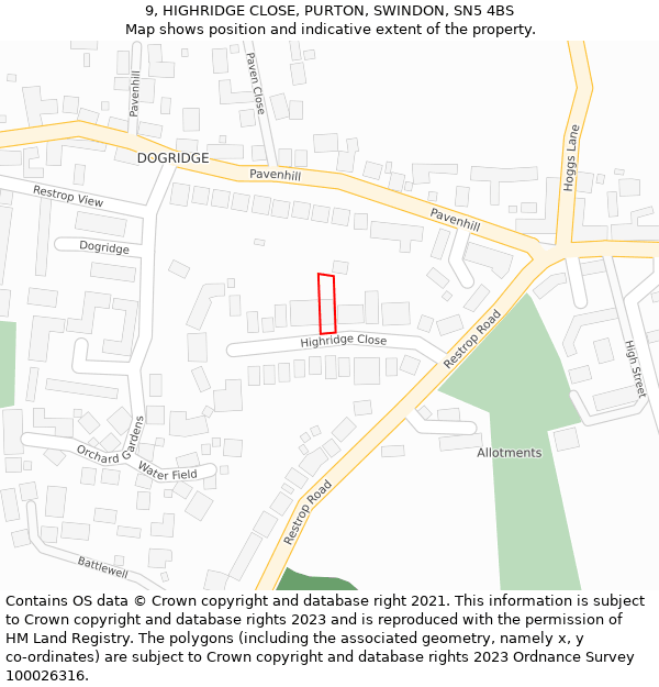 9, HIGHRIDGE CLOSE, PURTON, SWINDON, SN5 4BS: Location map and indicative extent of plot