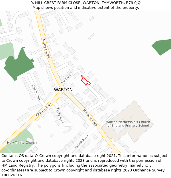 9, HILL CREST FARM CLOSE, WARTON, TAMWORTH, B79 0JQ: Location map and indicative extent of plot