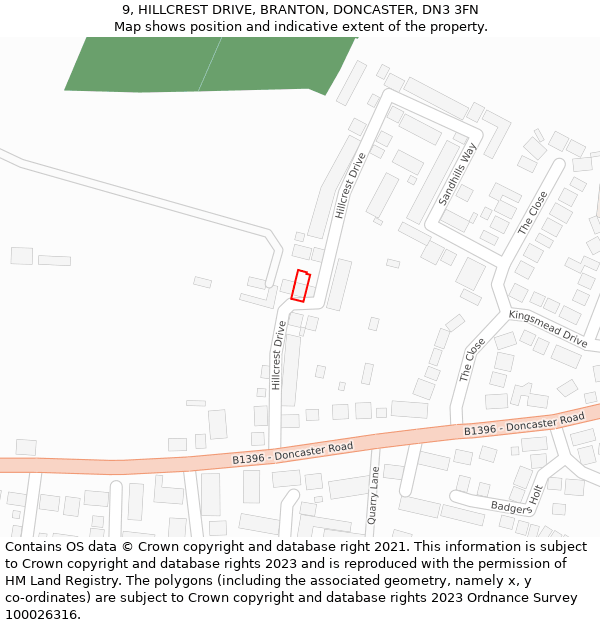 9, HILLCREST DRIVE, BRANTON, DONCASTER, DN3 3FN: Location map and indicative extent of plot