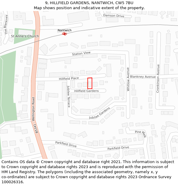 9, HILLFIELD GARDENS, NANTWICH, CW5 7BU: Location map and indicative extent of plot