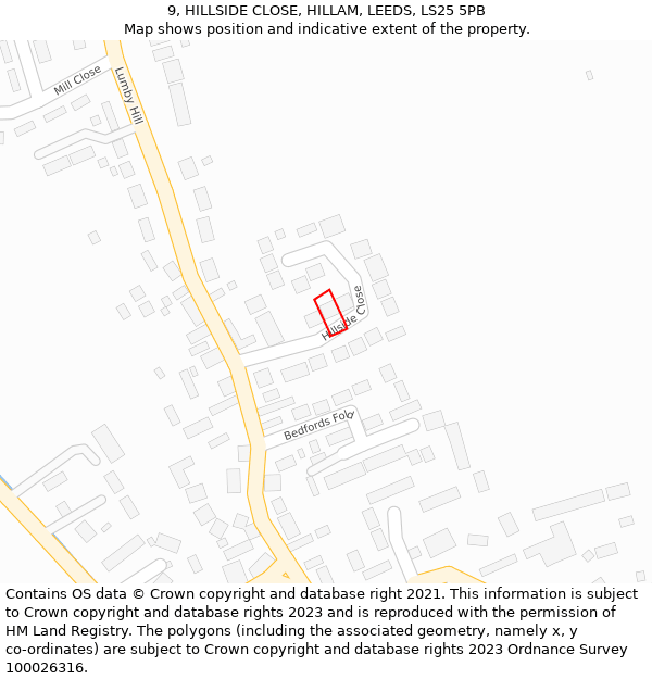 9, HILLSIDE CLOSE, HILLAM, LEEDS, LS25 5PB: Location map and indicative extent of plot