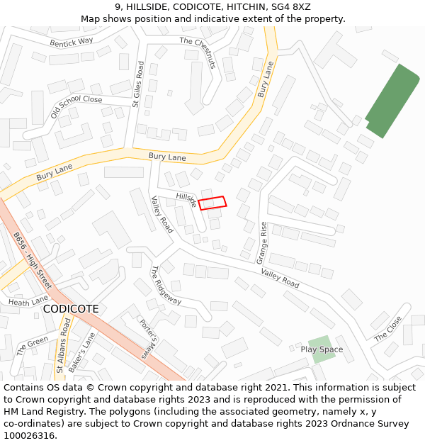 9, HILLSIDE, CODICOTE, HITCHIN, SG4 8XZ: Location map and indicative extent of plot