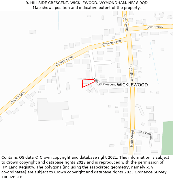 9, HILLSIDE CRESCENT, WICKLEWOOD, WYMONDHAM, NR18 9QD: Location map and indicative extent of plot