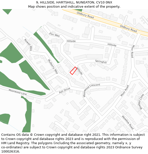 9, HILLSIDE, HARTSHILL, NUNEATON, CV10 0NX: Location map and indicative extent of plot