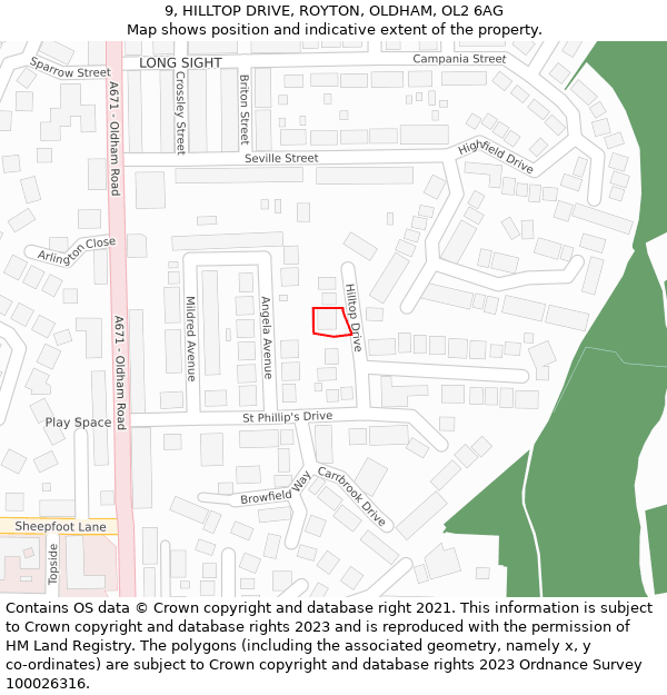 9, HILLTOP DRIVE, ROYTON, OLDHAM, OL2 6AG: Location map and indicative extent of plot