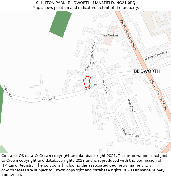 9, HILTON PARK, BLIDWORTH, MANSFIELD, NG21 0PQ: Location map and indicative extent of plot