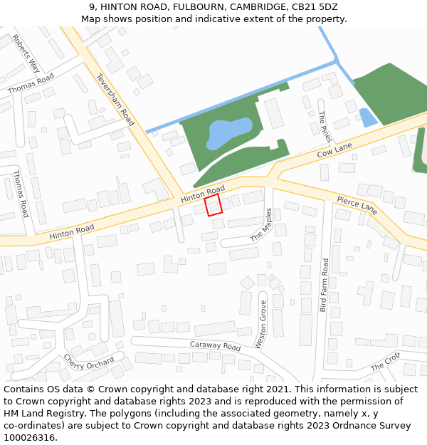 9, HINTON ROAD, FULBOURN, CAMBRIDGE, CB21 5DZ: Location map and indicative extent of plot