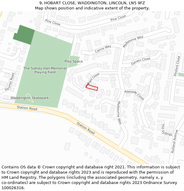 9, HOBART CLOSE, WADDINGTON, LINCOLN, LN5 9FZ: Location map and indicative extent of plot