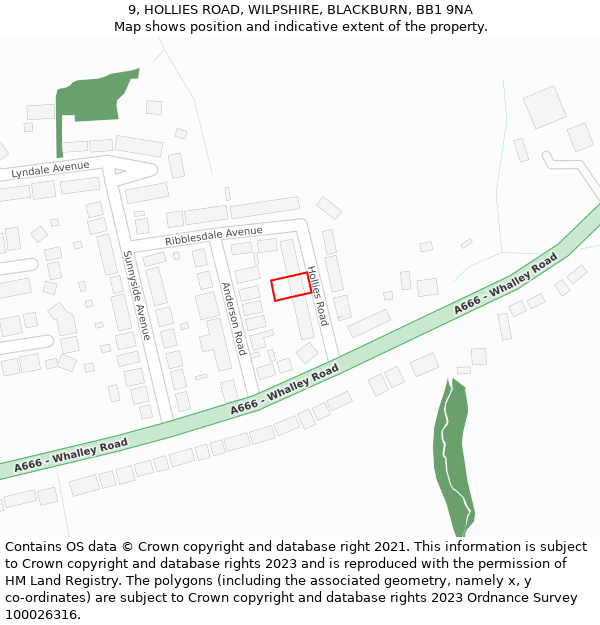 9, HOLLIES ROAD, WILPSHIRE, BLACKBURN, BB1 9NA: Location map and indicative extent of plot