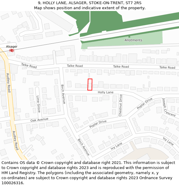 9, HOLLY LANE, ALSAGER, STOKE-ON-TRENT, ST7 2RS: Location map and indicative extent of plot