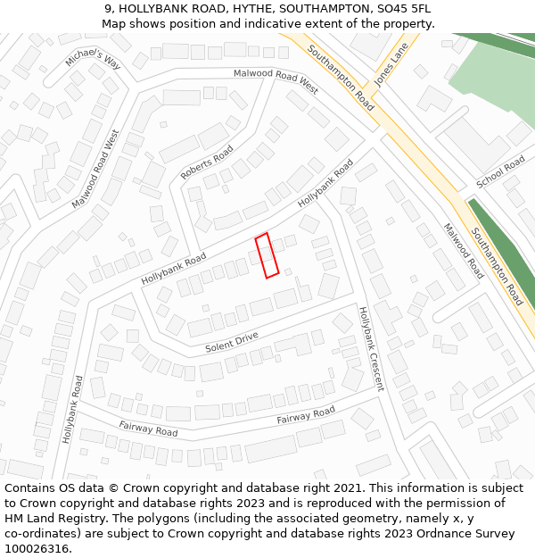 9, HOLLYBANK ROAD, HYTHE, SOUTHAMPTON, SO45 5FL: Location map and indicative extent of plot