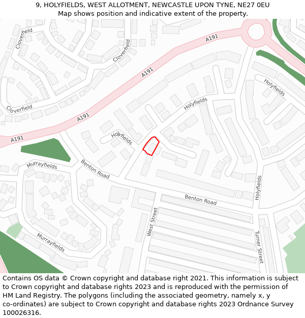 9, HOLYFIELDS, WEST ALLOTMENT, NEWCASTLE UPON TYNE, NE27 0EU: Location map and indicative extent of plot