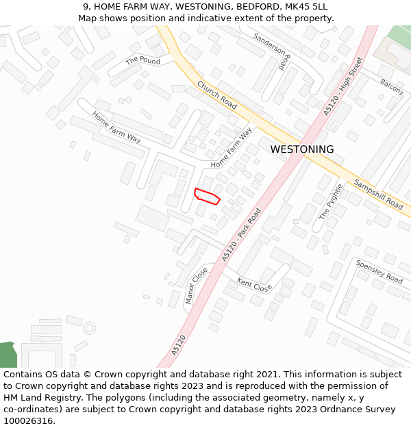 9, HOME FARM WAY, WESTONING, BEDFORD, MK45 5LL: Location map and indicative extent of plot